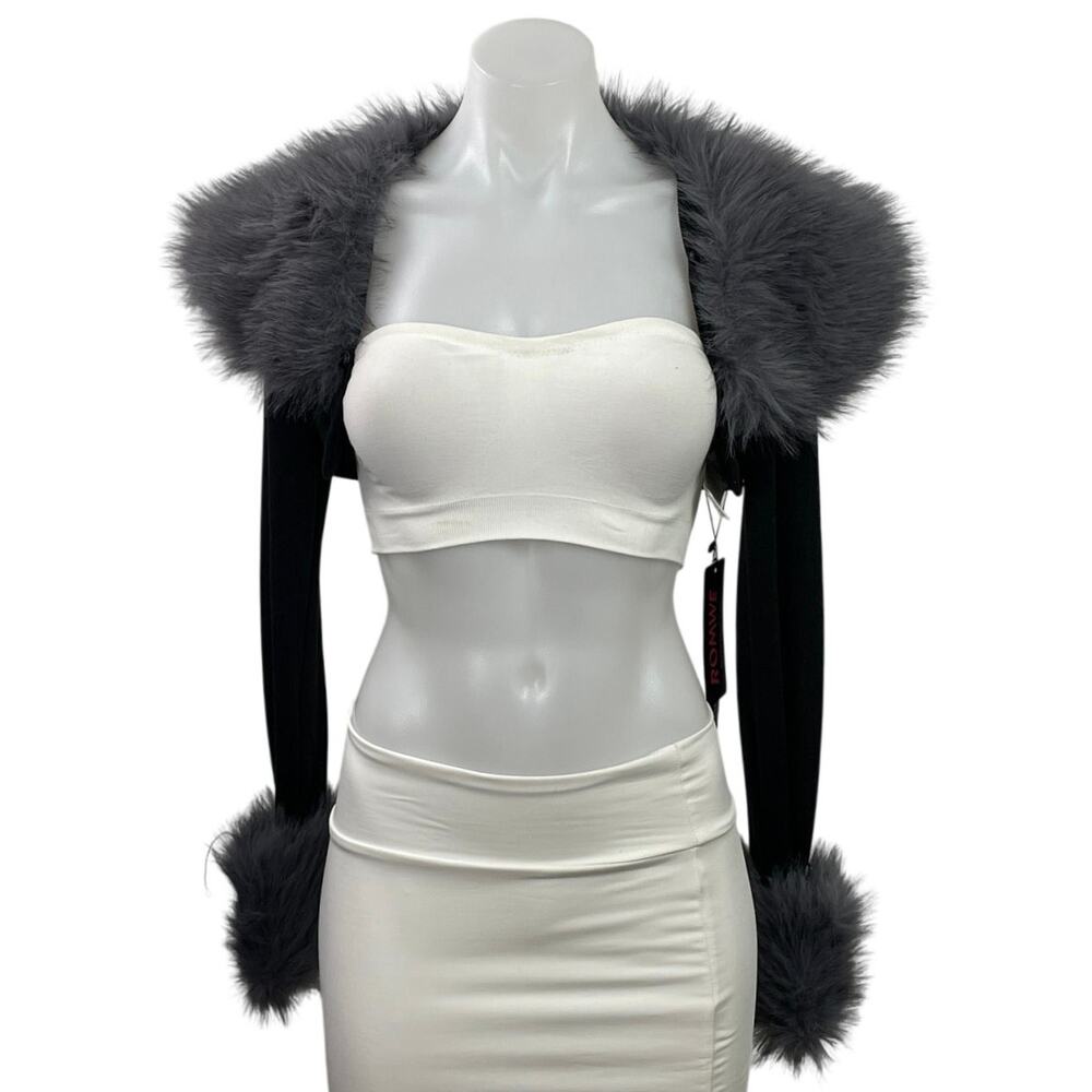 NEW Romwe Black Fluffy Collar Faux Fur Feather Cropped Cardigan Shrug Size XS